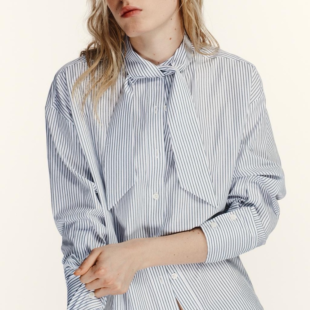 Zara Striped Women’s Tie-Neck Shirt - Picture 3 of 3
